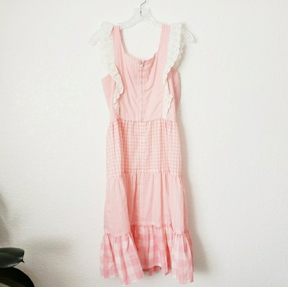 70s Vintage Pink Lace Gingham Boho Prairie Dress - Picture 6 of 8